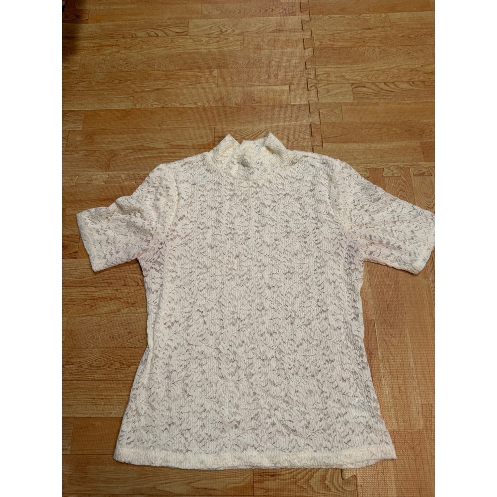 Sanctuary Womens Cream Floral Lace Mock Neck Short Sleeve Top Size S